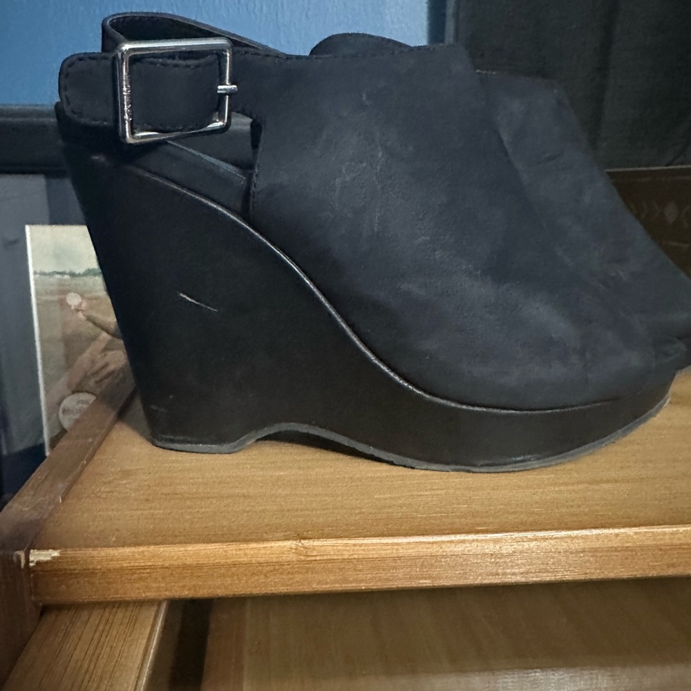 Black Suede Wedge Ankle Booties with Strap